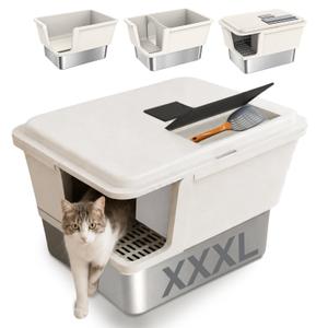 Ixaro XXL Enclosed Stainless Steel Litter Box with Lid, High Sided Metal Litter Pan Large with Litter Catch Step & Walkway Entry,Top Filter Holds Activated Carbon, Dual Odor Control,Easy to Clean