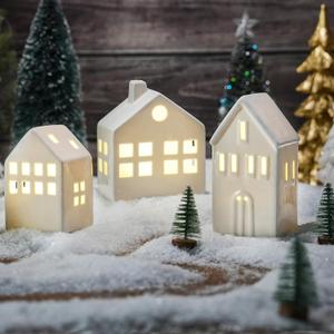 Ceramic Christmas Village Houses, 3Pcs Small White Christmas Houses with 3Pcs Xmas Trees, Light Up Village House Set for DIY, Winter Holiday Home Decor, Tabletop Centerpiece (Battery Operated)