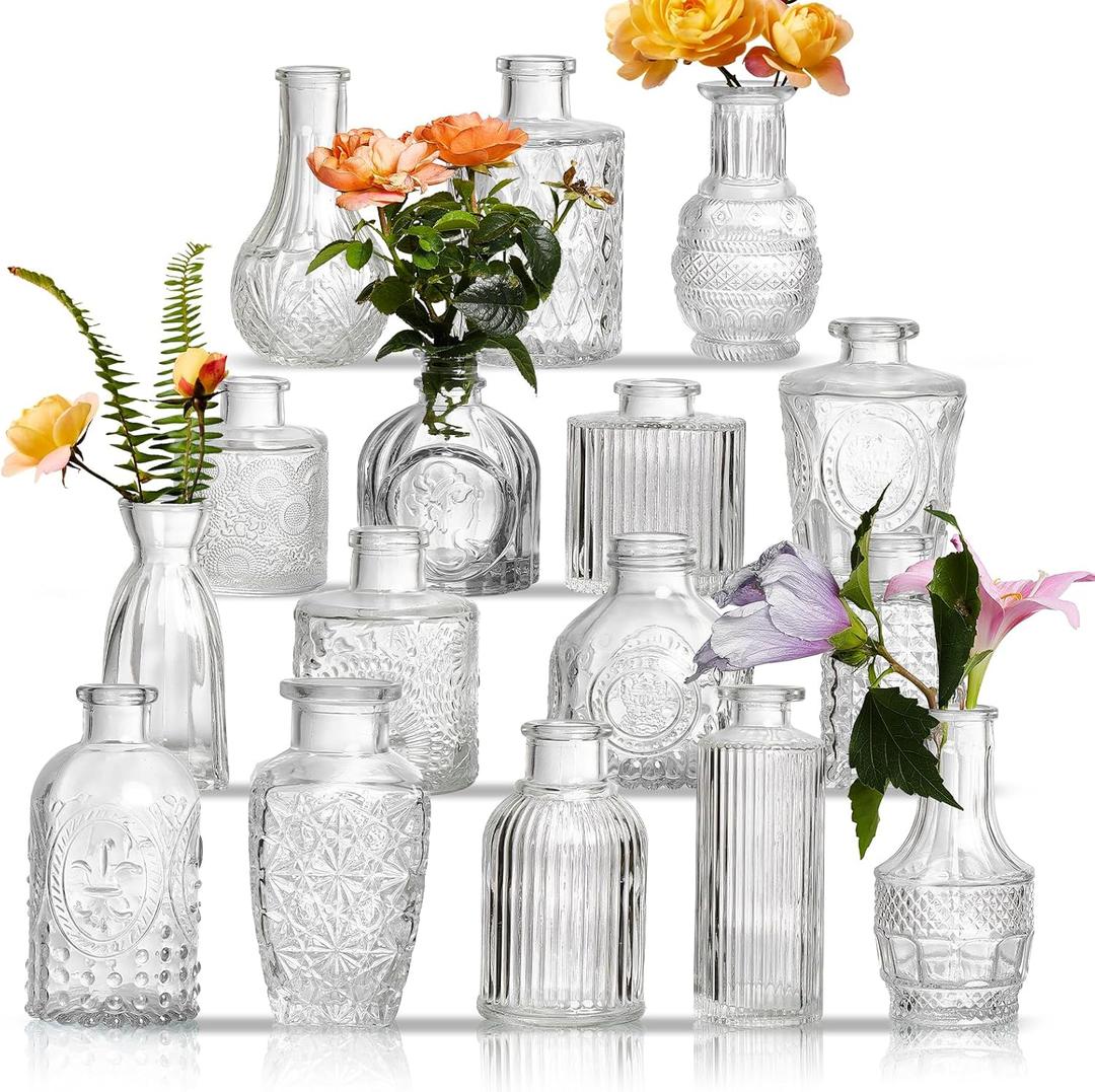 Glass Bud Vases Set of 16 - Assorted Small Mini Glass Vases for Flowers, Crystal Vintage Vase Set, Bulk Centerpieces for Table Dcor, Wedding, Home and Events (Clear, 16 Pcs)