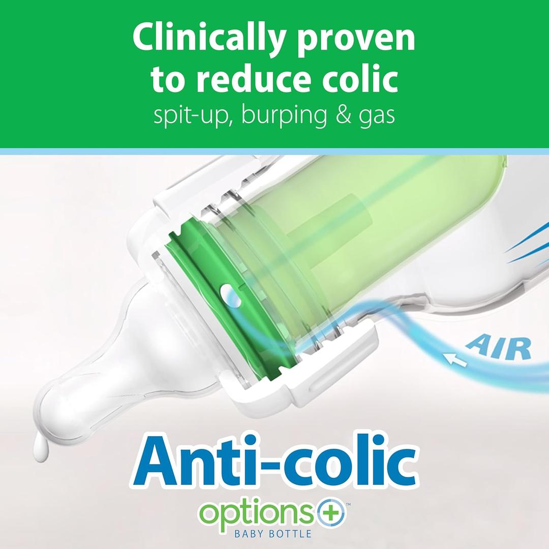 Dr. Brown's Anti-Colic Options+ Narrow Glass Baby Bottle with Level 1 Slow Flow Nipple, BPA-Free, 8 oz/250 mL, 0m+, 2-Pack