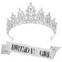 Silver Birthday Crown Headband with Sash for Women - Rhinestone Tiara for Birthday Parties
