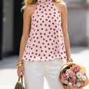 BAIGRAM Women Sleeveless Polka Dot Mesh Halter Tank Backless Flowy Peplum Tops Tie Up Scarf Mock Neck Cami Summer Going Out (Pink, M)