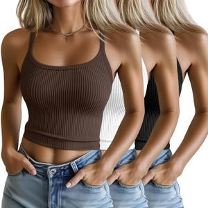 Ficerd 3 Pack Women's Spaghetti Strap Ribbed Tank Tops Scoop Neck Cotton Crop Camisole Slim Fitted Basic Sleeveless Layer (Black, White, Brown)