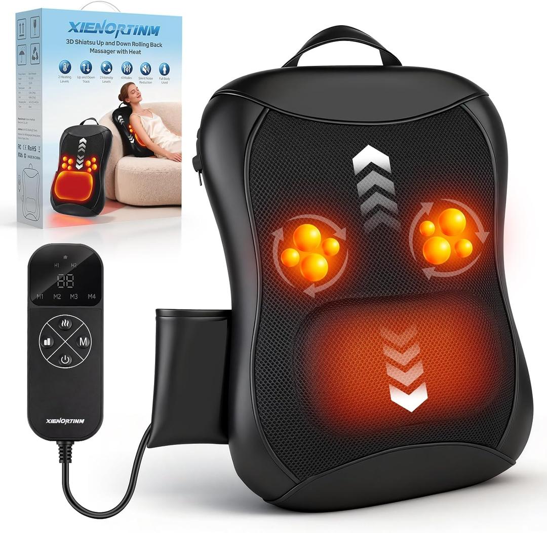 Back Massager with Heat, 4D Rolling Massage Nodes for Upper & Lower Back, 4 Modes & 2 Speeds Deep Tissue, Includes Car Adapter for for Car Office Home & Travel