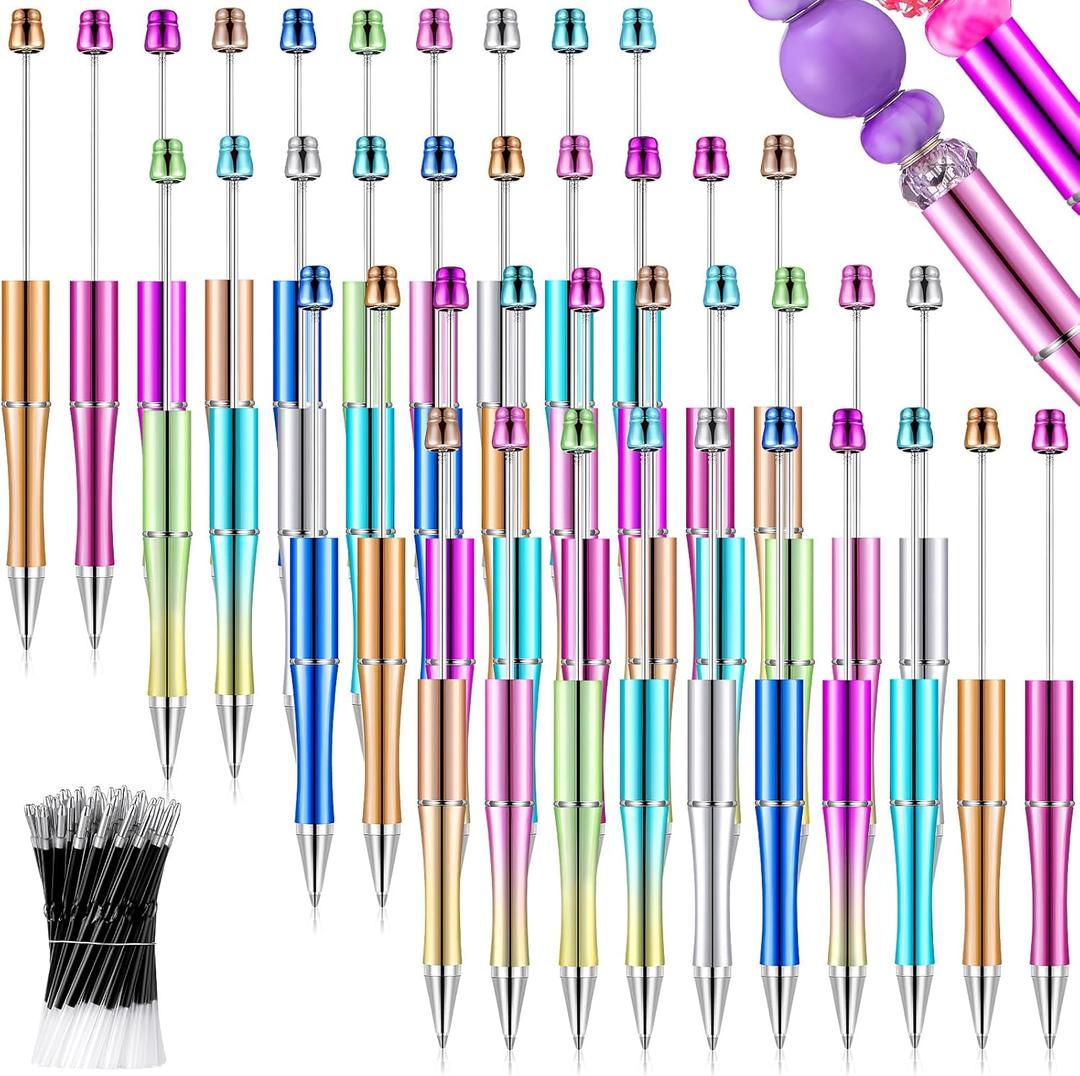 Crtiin 100 Pieces Plastic Beadable Pen Bulk Kit 50 Bead Ballpoint Shaft Black Ink Beaded Pens with 50 Refills for DIY Making Gift Kids Students Office School Supplies(Electroplated Gradient Color)