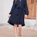 blibean Girls Cotton Long Sleeve Dresses Ruffled Semi Formal Dress Size 6-15 Years (Blue, XL)
