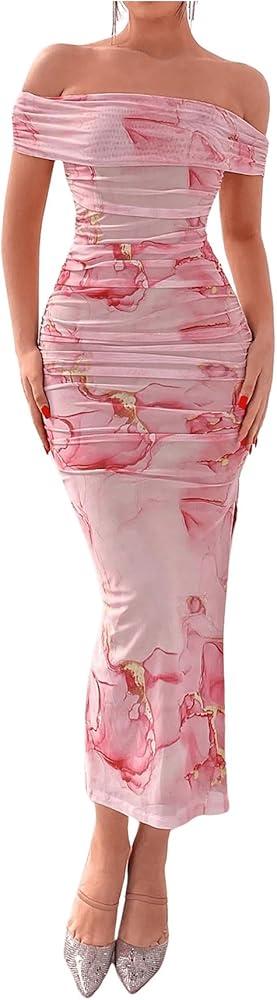 Floerns Women's Floral Print Off Shoulder Short Sleeve Ruched Bodycon Long Dress M