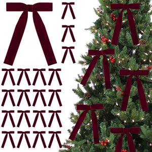 SIMISI RIBBON 24 Pcs Burgundy Velvet Bows Christmas Tree Ornaments Vintage Ribbon Bow for Tree Garland Wreath Rustic Crafts Gift Indoor Outdoor Xmas Decorations
