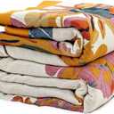 Boho Throw Blanket - 100% Cotton Soft Throw Blanket for Bed, 50"x60" Reversible Breathable Lightweight Fall Blankets, All Seasons Farmhouse Decor Floral Plant Butterfly Throw Quilt (01-lnk and Wash)