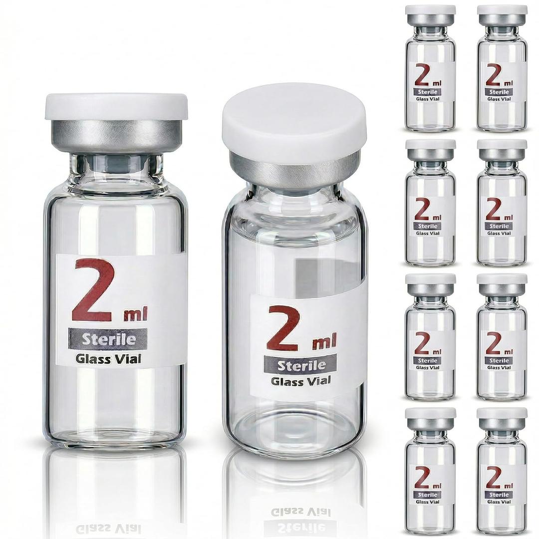 10 Pack 2ml Sterile Vials for Injections, Self-Healing Port, Empty Vials for Injection with Aluminum Flip Off Cap, Autoclavable Borosilicate Glass Vials for Essential Oils, Powder & Lab Storage
