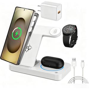 3 in 1 Charging Station for Samsung Android: Wireless Phone and Watch Charger for Galaxy S26 S25 Ultra/S24/S23/Z Fold, Wireless Charger Stand for Galaxy Watch 9/8/7/6/5 Earbuds 4/3/Pro (White)