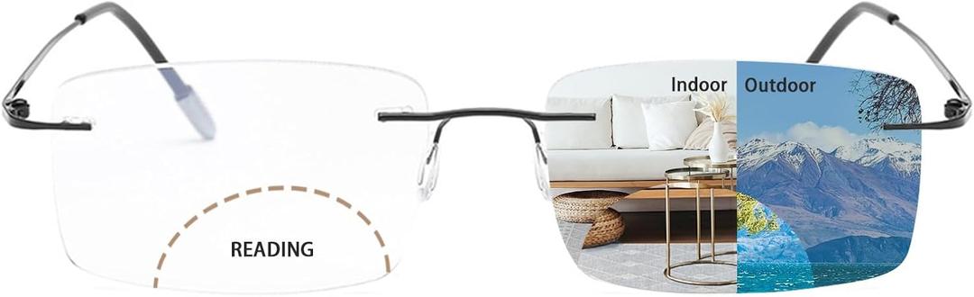 Photochromic Bifocal Reading Glasses Titanium Frameless Men's Reading Glasses UV400 Anti-blue Light Glasses