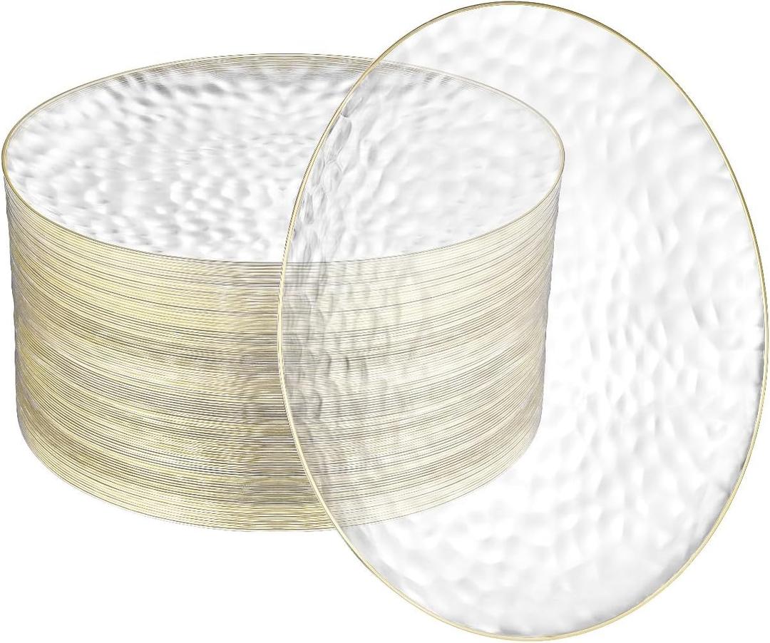R-kay 100 Pack 10 Inch Clear Plastic Plates For Wedding - Hammered Gold Rimmed Sturdy, Durable Gold Plastic Plates For Party - Bulk Disposable Plates For Weddings