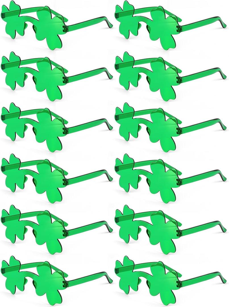 12 Pairs Saint Patrick's Day Shamrock Glasses Accessories for Adult Clover Glasses Fun Trendy Transparent Shamrock Sunglasses Party Favor (12 Pairs-Green Clover) (One Size)
