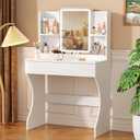 Small Vanity Desk with Mirror and Lights, Makeup Vanity with Storage Drawer, 2 Shelves and 3 Compartments - White