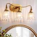 Bathroom Vanity Gold Light Fixture, 3 Lights Bathroom Lighting Matte Antique Brass Finish with Crystal Glass Shade, Gold Vintage Vanity Light for Bathrooms