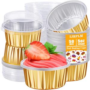 IJRPLM 50pcs 5oz 125ml Muffin Liners Cups with Lids (gold),50 Pack Baking Cups with Lids,5oz Aluminum Foil Cupcake Cups Muffin Liners, Standard size