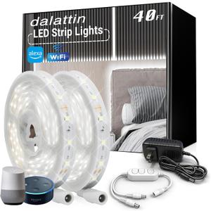 dalattin WIFI White LED Strip Lights, 40ft Dimmable Super Bright 24V Led Tape, Work with Alexa and Google Assistant, Timer Schedule 6500K 720 LEDs Lights for Bedrooms, Mirror, Kitchen, Home Decoration