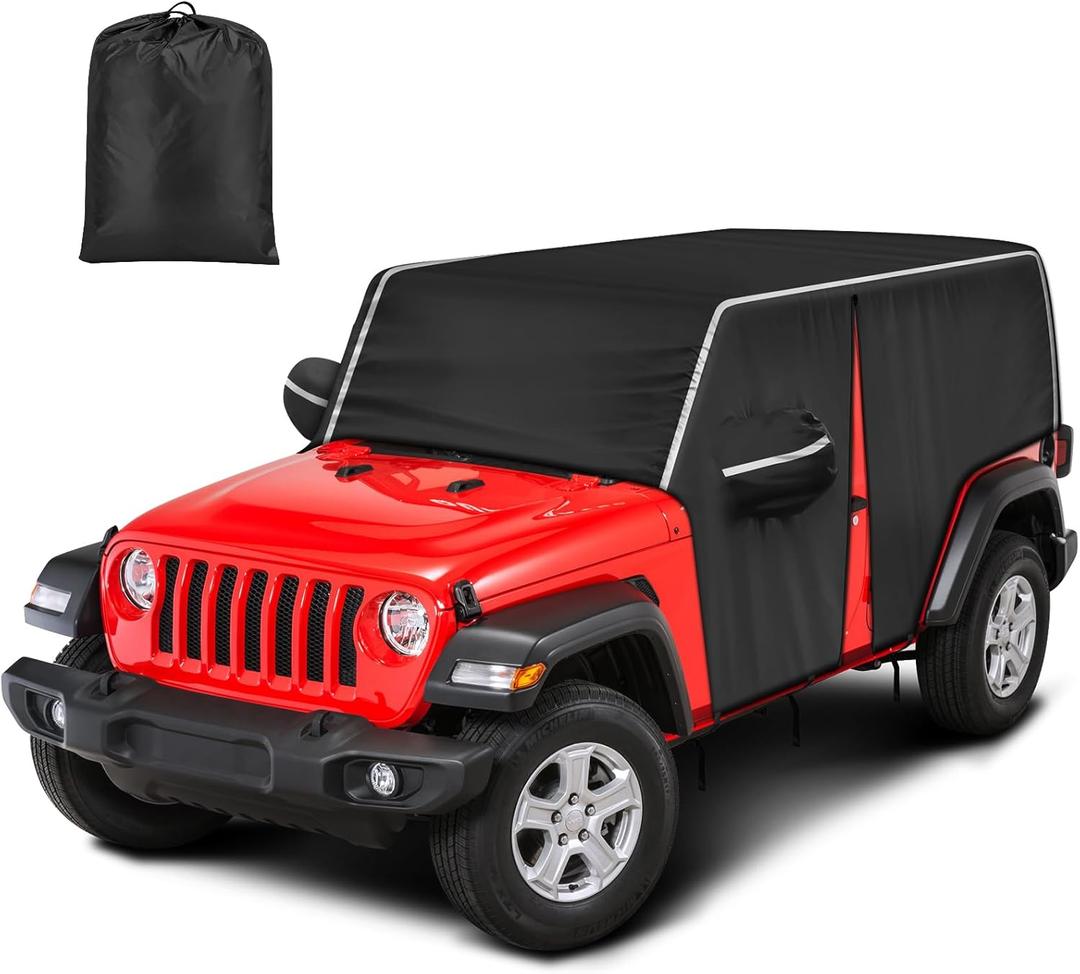 Waterproof Cab Covers Fit for Wrangler 2007-2025 JK JKU JL JLU 4 Door, Scratchproof Inner Cotton Car Cover with Driver Door Zipper Windproof Straps All Weather UV Protection