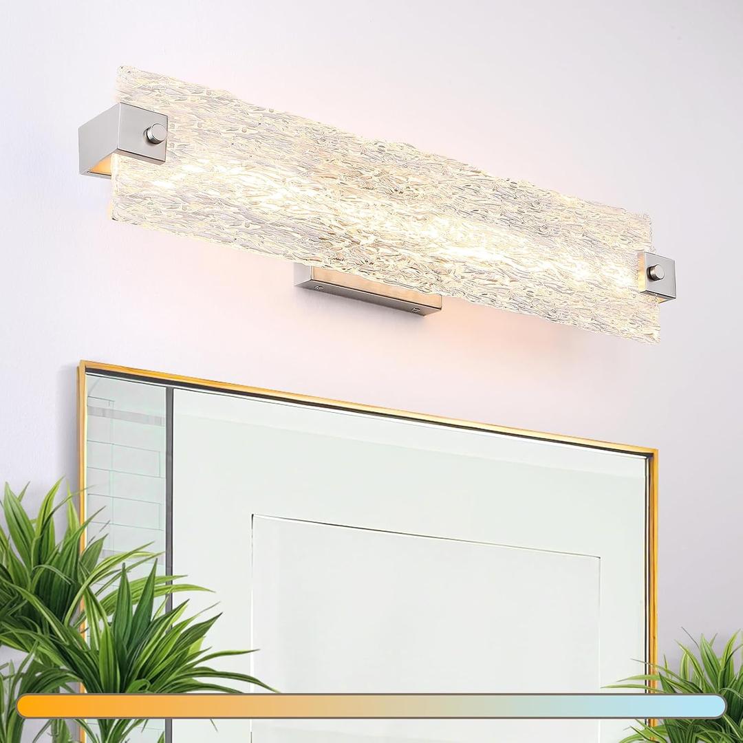 Brushed Nickel LED Bathroom Vanity Light, 24.4 Inch 15W Modern Dimmable Bathroom Light Fixture Over Mirror, Crystal Bar Wall Sconce Lighting for Bath, 3CCT, OS-MM5001-3BN, 24.4" L, 15 Watts