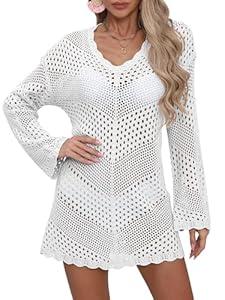 Women Swimsuit Summer Long Sleeve Crochet Knit Bathing Suit Beach Cover Up Hollow Out Sexy See Through Dress (Medium)