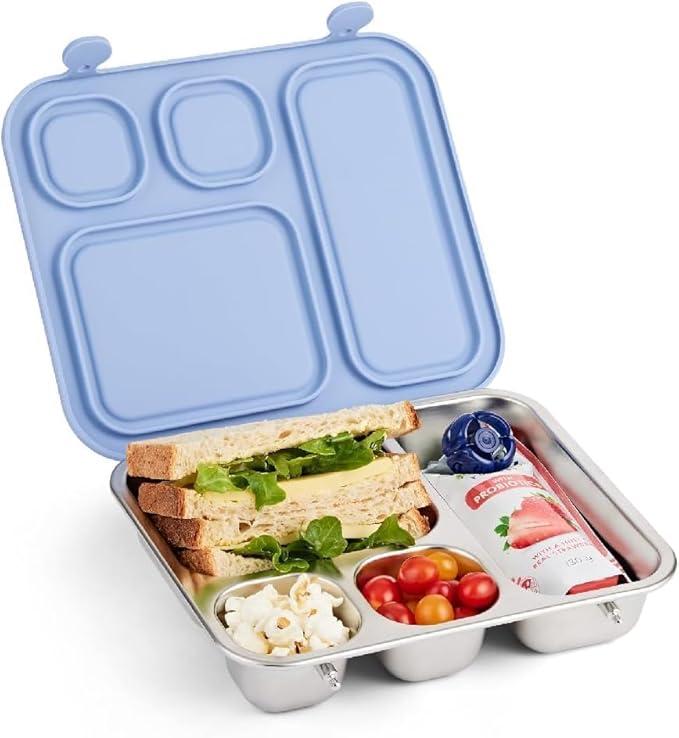 Elk and Friends Kids Stainless Steel Bento Box with Silicone Lid | Leakproof | Toddler Lunch Container | 4 Compartments | Dishwasher Safe