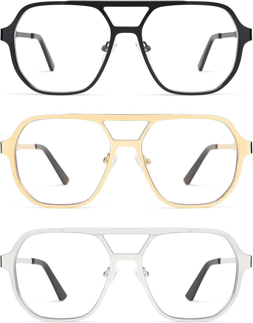AMOMOMA Retro Aviator Reading Glasses for Women Men, Blue Light Blocking Womens Computer Readers Retro Metal Frame AM6170US (P3 Black+gold+silver)