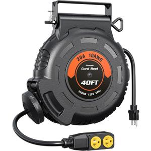 DEWENWILS Retractable Extension Cord Reel, 40FT 10AWG/3C SJTW Heavy Duty Power Cord, 4 Grounded Outlets, 20 Amp Circuit Breaker, 2500W, 180 Swivel Bracket for Ceiling/Wall Mount, ETL Listed