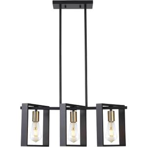 9MMML 3 Lights Kitchen Island Lighting, Modern Rectangle Linear Pendant Light, Black Frame+ Gold Socket Chandelier for Dining &Living Room Foyer Entryway Hallway,E26,Height Adjustable.