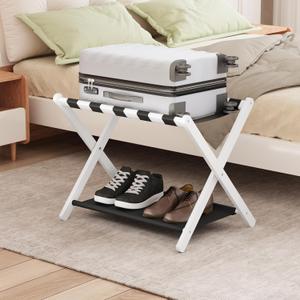 Smuxee White Bamboo Luggage Rack for Guest Room, Foldable Suitcase Stand with Storage Shelf, Easily Assembled Luggage Stand with 5 Nylon Straps for Guest Room Bedroom Hotel