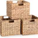 12x12x10in Water Hyacinth Storage Basket Large, Folding Cube Woven Wicker Storage Basket for Shelves, Pantry Baskets Organization and Storage, Kitchen Storage Baskets, Large Rattan Basket Set of 3