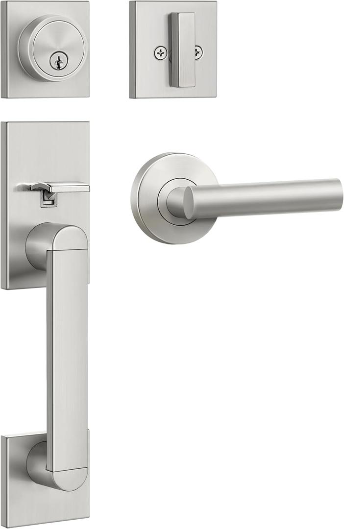 BESTTEN Squre Front Door Handle Set with Single Cylinder Deadbolt Lock, Exterior keyed Entry Handleset with Reversible Right & Left Handed Handle, All Metal Construction, Nickel