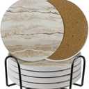 Ceramic Coasters Set of 6, Marble-Textured Design with Holder - Absorbent Cork-Backed Coasters for Cups, Bar & Coffee Table Decor Accessories (Khaki Marble, 4 Pack)