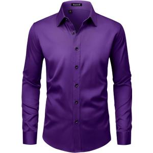 Mens Wrinkle Free Dress Shirts Regular Fit Long Sleeve Non Iron Business Casual Wedding Stretch Button Down Shirt (Large, Purple)