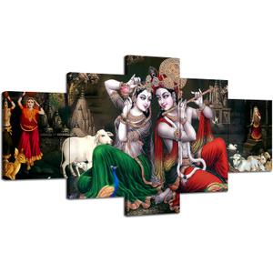 Hindu God Wall Decor Krishna Paintings for Wall Art Lord Krishna Picture Radha Krishna Canvas Print Hinduism Poster Krishna Radha Frame Home Living Room Bedroom Decoration 5 Panel(60x32 inches)