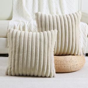 FUTEI Beige Striped Decorative Throw Pillow Covers 20x20 Inch Set of 2,Square Spring Decorations Couch Pillow Case,Soft Cozy Faux Rabbit Fur & Velvet Back,Modern Home Decor for Bed