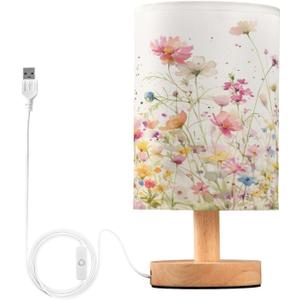 Kigai Wildflowers Bedside Table Lamp for Bedroom LED Nightstand Light Wood Base Desk Lamp with Fabric Shade & USB Ports for Nursery, Living Room, Dorm Office