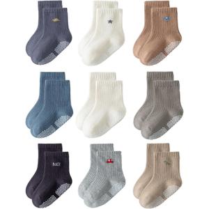 Toddler Grip Socks Non Slip Crew Socks Cute Seamless Cotton Socks for Baby Boys Girls Infants Kids 9 Pairs (1-3T)