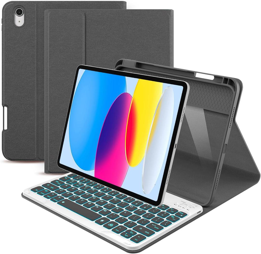 ABSONE for iPad A16 11th 10th Generation Case with Keyboard, 7 Colors Backlit Detachable Wireless Folio Keyboard Cover with Pencil Holder for iPad A16 11 inch Gen 2025 10th Gen 10.9 Inch 2022 Grey