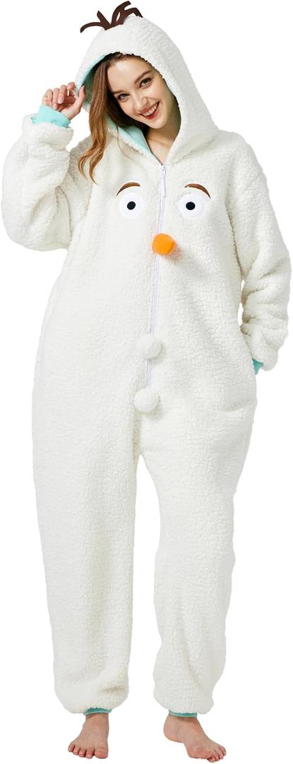 Loiahoer Snowman Onesie Pajamas Yeti Halloween Cosplay Costume,Unisex Shu Velveteen Warm Christmas Pajamas Set for Family Hooded Zipper Adult,White,M