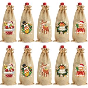 FOIMAS Christmas Burlap Bottle Bags,10pcs Xmas Bottle Gift Bag Cover with Drawstring for Christmas Party Wedding Party Supply (brown)