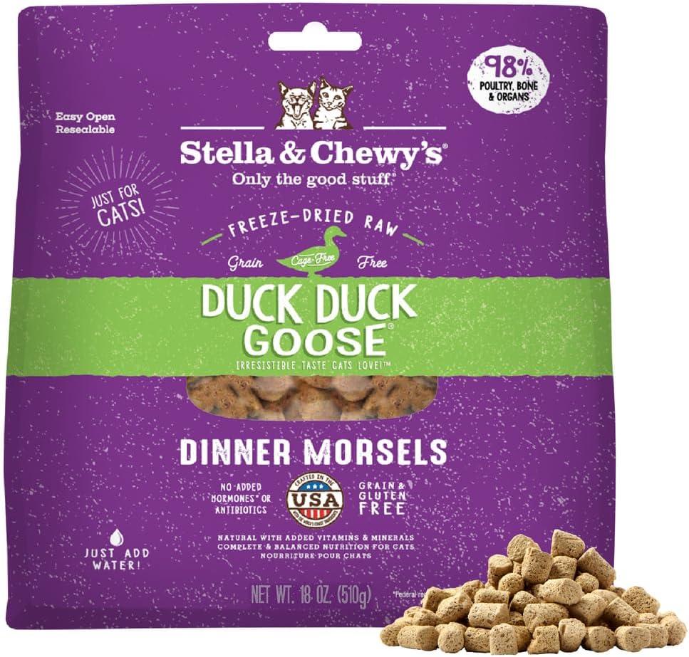 Stella & Chewy's Freeze-Dried Raw Cat Dinner Morsels - Premium Duck & Goose Recipe with 98% Cage-Free Poultry & Organs - Natural Grain-Free Cat & Kitten Food - Made in USA - 18 oz (1.13 Pound (Pack of 1))