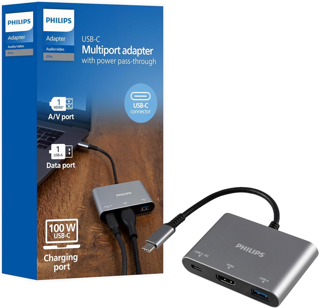PHILIPS USB C Hub to Multiport Adapter, 3 in 1 Power Pass Through, HDMI 4k@30Hz, 60W USB C Charging Port, 5Gbps USB 3.0 Port for MacBook Pro, MacBook Air, UCB C Laptop Docking Station, DLK9220C/27