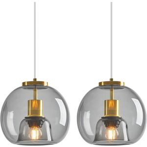 Light Grey Glass Pendant Lights Kitchen Island Gold Hanging Light Fixture Glass Globe Pendant Light Modern Pendant Lighting for Kitchen Island Bedroom Dining Room (7.87", 2 Pack)