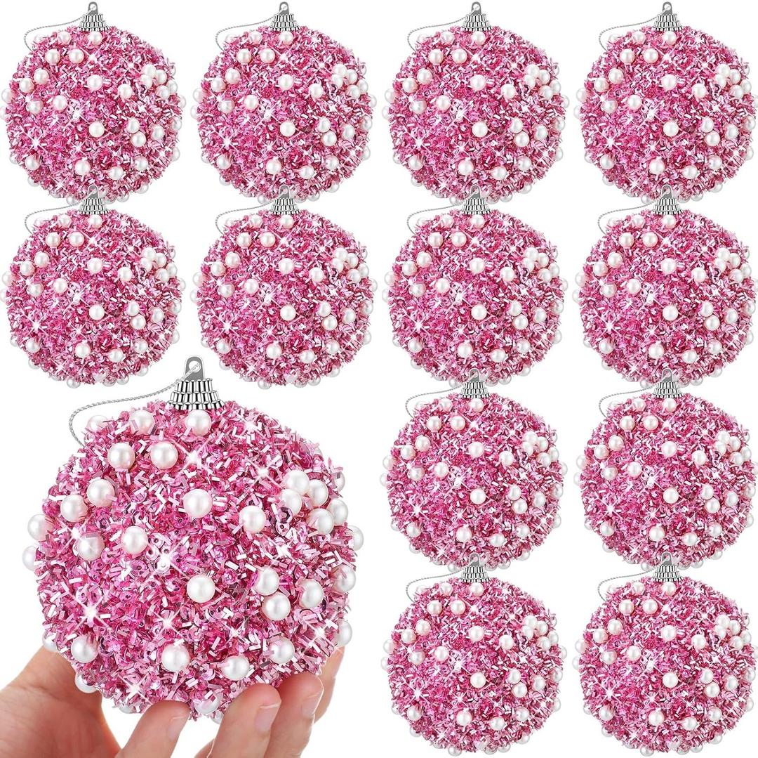 Riceshoot 12 Pcs 6 Inch Large Christmas Balls Ornaments for Tree with Peal Sparkle Sequin Big Glitter Christmas Tree Decor Xmas Shatterproof Hanging Balls for Xmas Holiday Party Supplies(Pink)