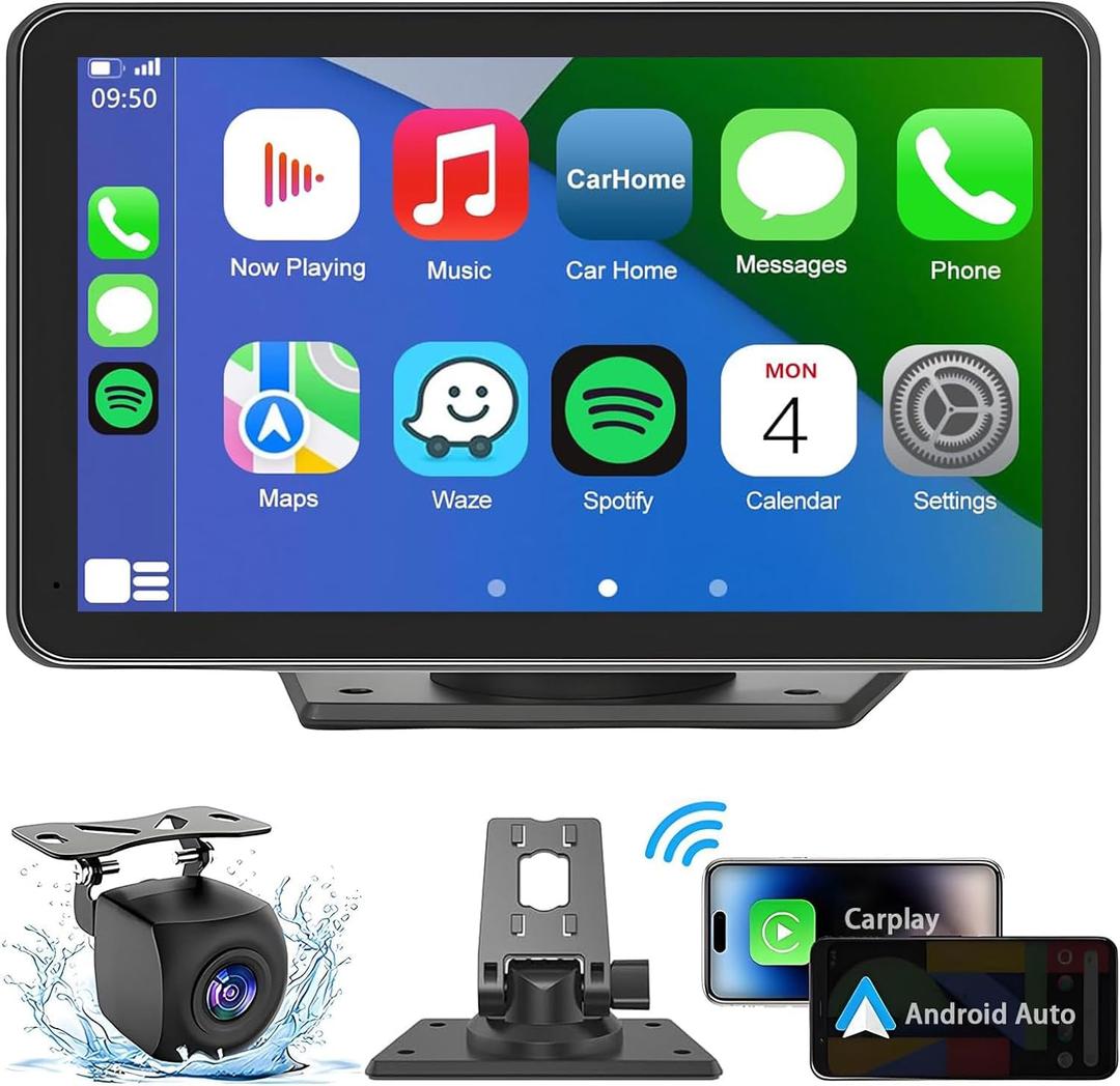 Portable Wireless with Apple CarPlay and Android Auto Screen for Car, 7" HD Touch Screen Car Stereo with Mirror Link, Bluetooth 5.2, Backup Camera, AUX,FM Transmitter for All Vehicle