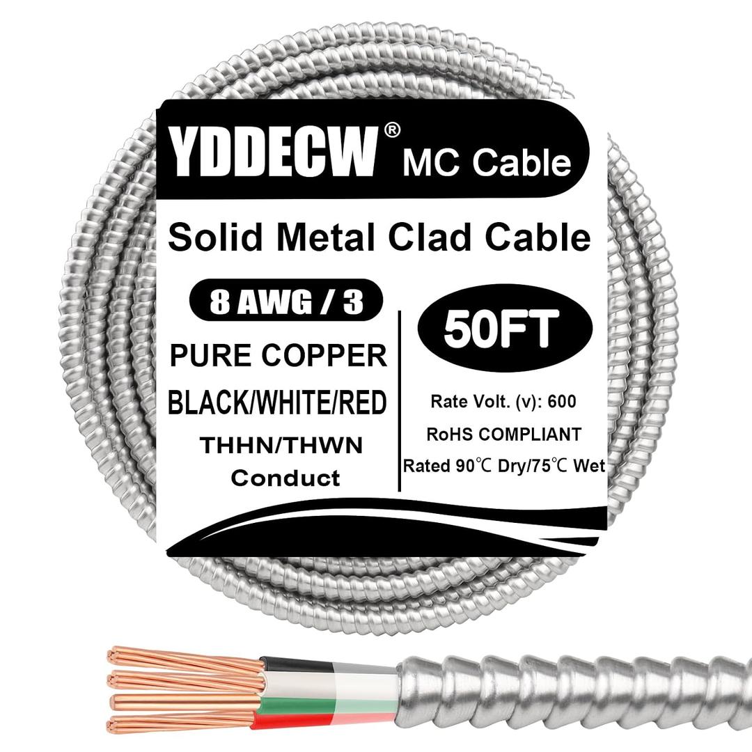 50ft 8/3 Metal Clad (MC) Cable with Ground, 8 Gauge Electric Wire with Aluminum Armor, Solid Bare Copper Conductors for Indoor Outdoor Underground Embedded Installation (8/3, 50 ft)