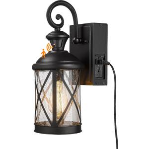 Darkaway Motion Sensor Outdoor Wall Light, Dusk to Dawn Outdoor Porch Light with GFCI Outlet Waterproof Exterior Wall Sconce with Seeded Glass Black Wall Mount Lighting Fixture for House Patio Garage