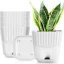 5 inch Square Plant Pot for Small Indoor Plants, Plastic White Flower Pots with Drainage Holes and Connecting Saucers, Decorative Garden Pots for Herb,Aloe,Cactus, Succulents (Pack of 5) (4.7'' (5 pcs))