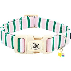 Elegant little tail Dog Collar, Cute Pink with Green Strip Pattern Pet Collars Soft Girl or Boy Adjustable Cotton Puppy Collar with Quick Release Buckle for Large Dogs (Large (Pack of 1))